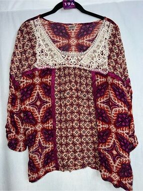 Bila Large Rayon Boho Lace-Trim Purple Red Printed Women's Top